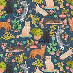 Curious Kittycats | Cats & Plants - Dk Blue